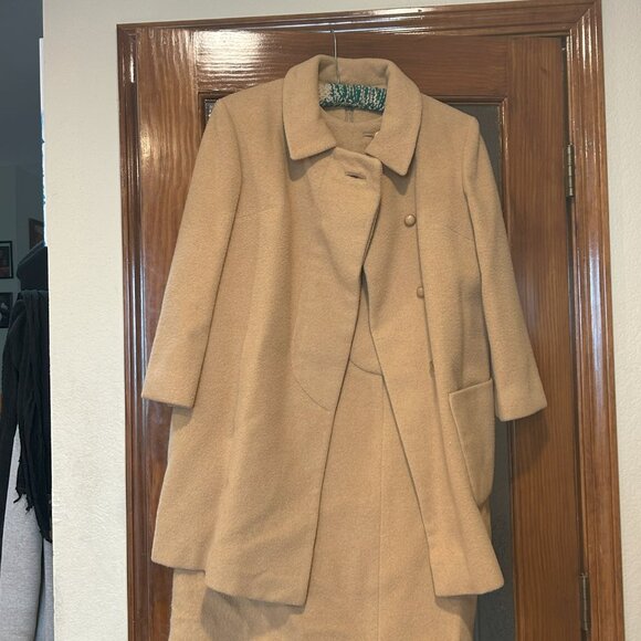 Neusteters 100% CAMEL HAIR Tan Lined Dress & Coat Set No Size Tag Fits S-M - Picture 2 of 11